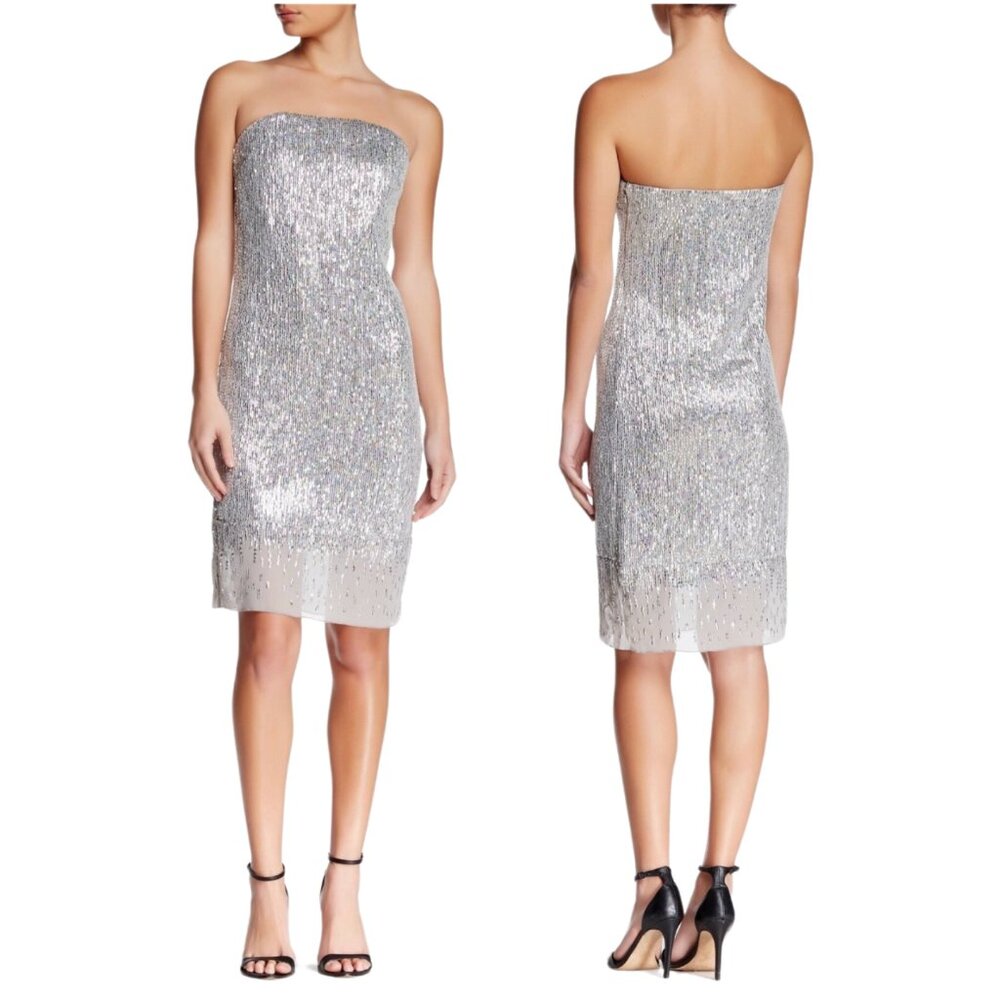 NEW Trina Turk Silver Sequin Strapless Sheath Dress Formal Cocktail - Size 6